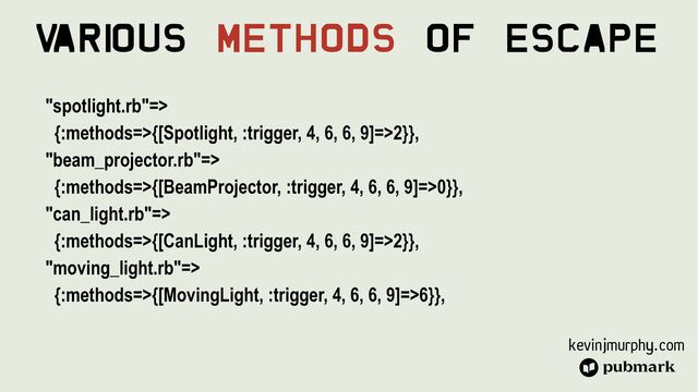 kevinjmurphy.com
V
ari
ous Methods Of Escape
"spotlight.rb"=>


{:methods=>{[Spotlight, :trigger, 4, 6, 6, 9]=>2}},


"beam_projector.rb"=>


{:methods=>{[BeamProjector, :trigger, 4, 6, 6, 9]=>0}},


"can_light.rb"=>


{:methods=>{[CanLight, :trigger, 4, 6, 6, 9]=>2}},


"moving_light.rb"=>


{:methods=>{[MovingLight, :trigger, 4, 6, 6, 9]=>6}},


