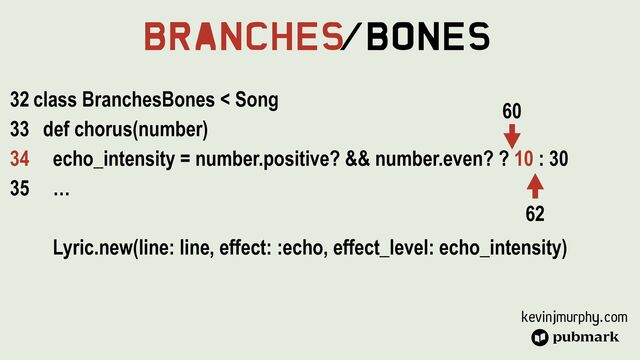 kevinjmurphy.com
Branches
/Bones
class BranchesBones < Song


def chorus(number)


echo_intensity = number.positive? && number.even? ? 10 : 30


…


Lyric.new(line: line, effect: :echo, effect_level: echo_intensity)






32


33


34


35


60
62
