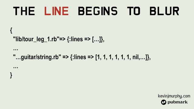 kevinjmurphy.com
The Li
ne Begi
ns To Blur
{


"lib/tour_leg_1.rb"=> {:lines => […]},


…


"…guitar/string.rb" => {:lines => [1, 1, 1, 1, 1, 1, nil,…]},


…


}
