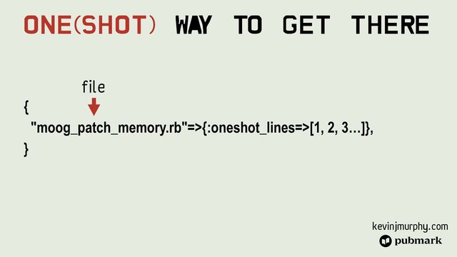kevinjmurphy.com
{


"moog_patch_memory.rb"=>{:oneshot_lines=>[1, 2, 3…]},


}
File
One(Shot) Wa
y To Get There
