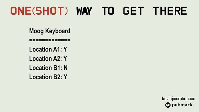 kevinjmurphy.com
Moog Keyboard


=============


Location A1: Y


Location A2: Y


Location B1: N


Location B2: Y
One(Shot) Wa
y To Get There
