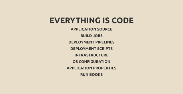 EVERYTHING IS CODE
APPLICATION SOURCE
BUILD JOBS
DEPLOYMENT PIPELINES
DEPLOYMENT SCRIPTS
INFRASTRUCTURE
OS CONFIGURATION
APPLICATION PROPERTIES
RUN BOOKS
