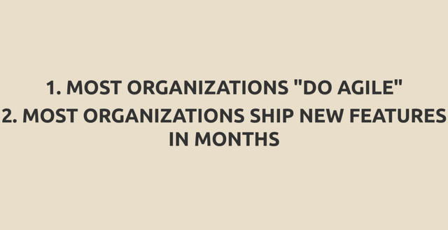 1. MOST ORGANIZATIONS "DO AGILE"
2. MOST ORGANIZATIONS SHIP NEW FEATURES
IN MONTHS
