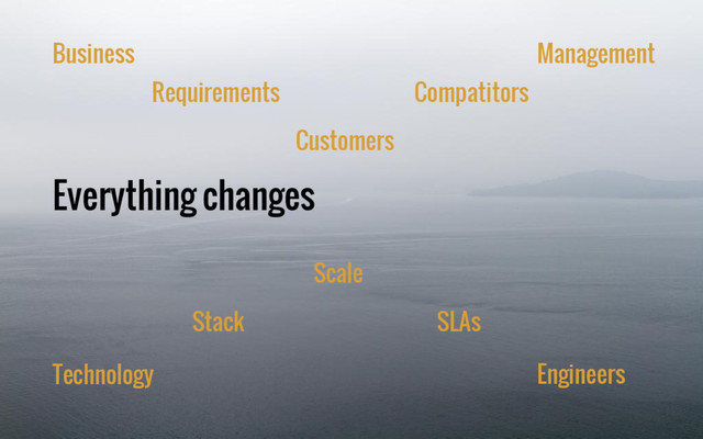 Everything changes
Business
Requirements
Customers
Compatitors
Management
Technology
Stack
Scale
SLAs
Engineers
