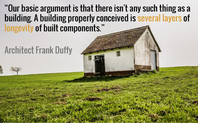 “Our basic argument is that there isn't any such thing as a
building. A building properly conceived is several layers of
longevity of built components.”
Architect Frank Duffy
