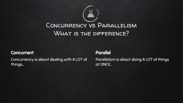 Concurrent
Concurrency is about dealing with A LOT of
things...
Concurrency vs Parallelism
What is the difference?
Parallel
Parallelism is about doing A LOT of things
at ONCE.
