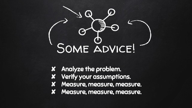 Some advice!
✘ Analyze the problem.
✘ Verify your assumptions.
✘ Measure, measure, measure.
✘ Measure, measure, measure.
