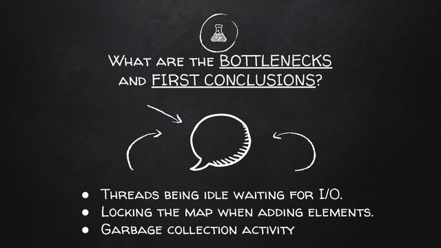 What are the BOTTLENECKS
and FIRST CONCLUSIONS?
● Threads being idle waiting for I/0.
● Locking the map when adding elements.
● Garbage collection activity
