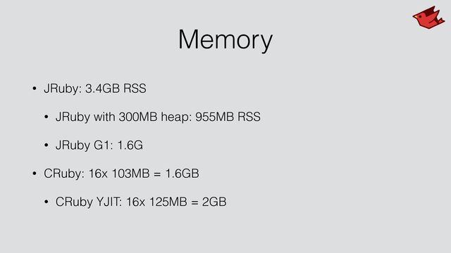 Memory
• JRuby: 3.4GB RSS


• JRuby with 300MB heap: 955MB RSS


• JRuby G1: 1.6G


• CRuby: 16x 103MB = 1.6GB


• CRuby YJIT: 16x 125MB = 2GB
