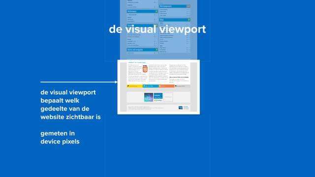 de visual viewport
bepaalt welk
gedeelte van de
website zichtbaar is
gemeten in  
device pixels
de visual viewport
