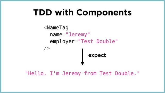 TDD with Components

expect
"Hello. I'm Jeremy from Test Double."

