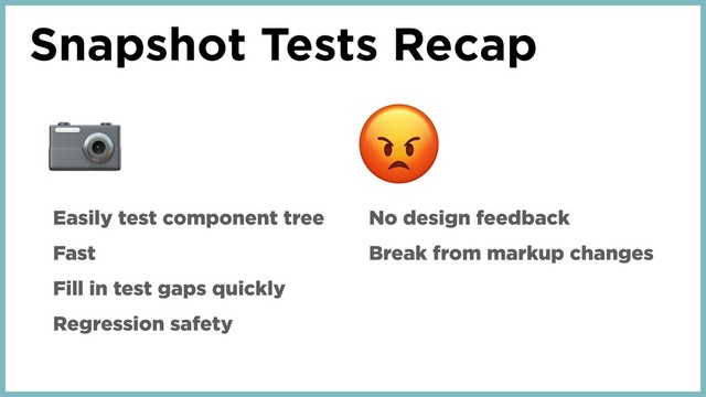 Snapshot Tests Recap

Easily test component tree
Fast
Fill in test gaps quickly
Regression safety
No design feedback
Break from markup changes
