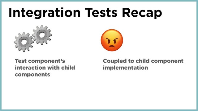 Integration Tests Recap
⚙
Test component’s
interaction with child
components
Coupled to child component
implementation
⚙
