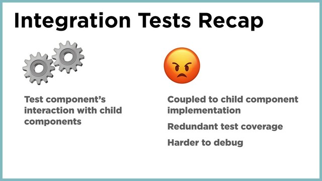 Integration Tests Recap
⚙
Test component’s
interaction with child
components
Coupled to child component
implementation
Redundant test coverage
Harder to debug
⚙
