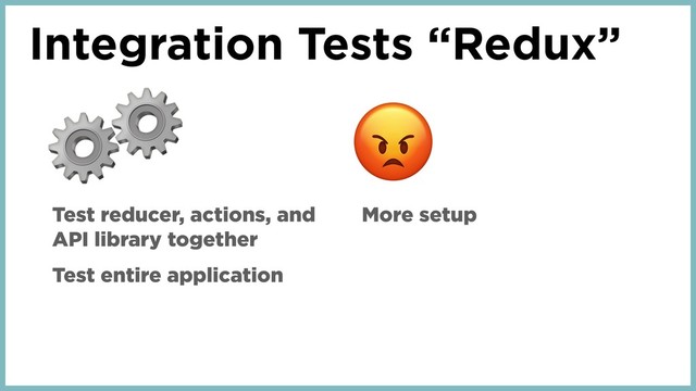 Integration Tests “Redux”
⚙
Test reducer, actions, and
API library together
Test entire application
More setup
⚙
