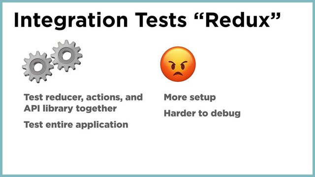 Integration Tests “Redux”
⚙
Test reducer, actions, and
API library together
Test entire application
More setup
Harder to debug
⚙
