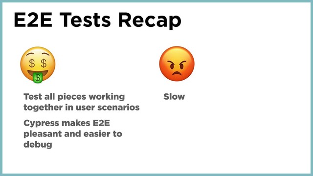 E2E Tests Recap
Test all pieces working
together in user scenarios
Cypress makes E2E
pleasant and easier to
debug
Slow
