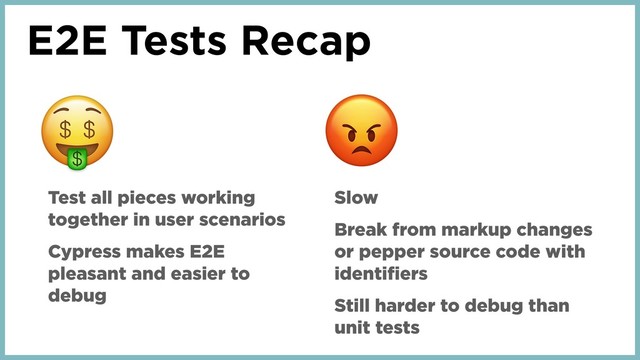 E2E Tests Recap
Test all pieces working
together in user scenarios
Cypress makes E2E
pleasant and easier to
debug
Slow
Break from markup changes
or pepper source code with
identifiers
Still harder to debug than
unit tests
