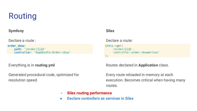 Routing
Symfony
Declare a route :
Everything is in routing.yml
Generated procedural code, optimized for
resolution speed.
Silex
Declare a route:
Routes declared in Application class.
Every route reloaded in memory at each
execution. Becomes critical when having many
routes.
- Silex routing performance
● Declare controllers as services in Silex
