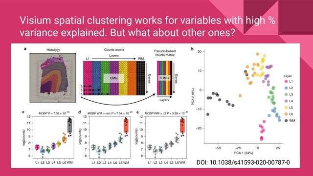 Visium spatial clustering works for variables with high %
variance explained. But what about other ones?
DOI: 10.1038/s41593-020-00787-0
