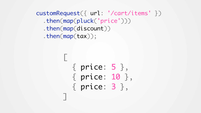 customRequest({ url: '/cart/items' })
.then(map(pluck('price')))
.then(map(discount))
.then(map(tax));
[
{ price: 5 },
{ price: 10 },
{ price: 3 },
]
