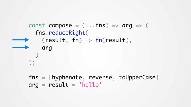 const compose = (...fns) => arg => (
fns.reduceRight(
(result, fn) => fn(result),
arg
)
);
fns = [hyphenate, reverse, toUpperCase]
arg = result = 'hello'
