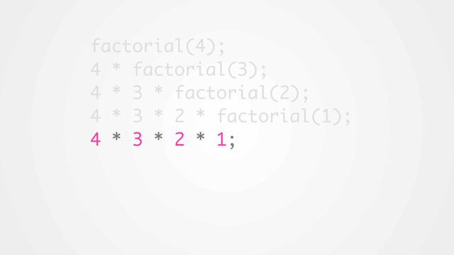 factorial(4);
4 * factorial(3);
4 * 3 * factorial(2);
4 * 3 * 2 * factorial(1);
4 * 3 * 2 * 1;
