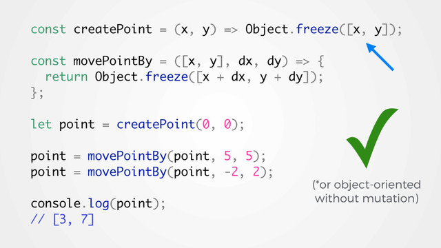 const createPoint = (x, y) => Object.freeze([x, y]);
const movePointBy = ([x, y], dx, dy) => {
return Object.freeze([x + dx, y + dy]);
};
let point = createPoint(0, 0);
point = movePointBy(point, 5, 5);
point = movePointBy(point, -2, 2);
console.log(point);
// [3, 7]
✓
(*or object-oriented
without mutation)
