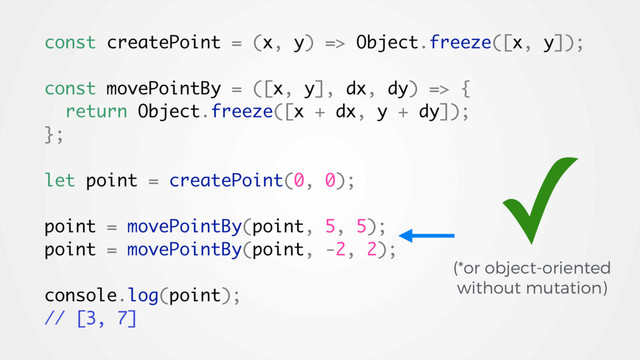 const createPoint = (x, y) => Object.freeze([x, y]);
const movePointBy = ([x, y], dx, dy) => {
return Object.freeze([x + dx, y + dy]);
};
let point = createPoint(0, 0);
point = movePointBy(point, 5, 5);
point = movePointBy(point, -2, 2);
console.log(point);
// [3, 7]
✓
(*or object-oriented
without mutation)
