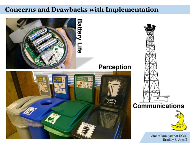 Smart Dumpster at UCSC
Bradley E. Angell
Concerns and Drawbacks with Implementation
Communications
Battery Life
Perception
