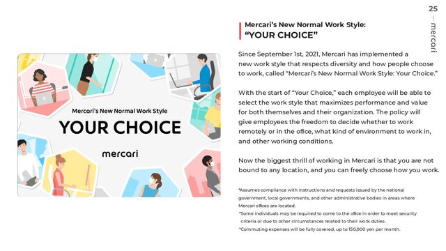 25
Mercari’s New Normal Work Style:
“YOUR CHOICE”
Since September 1st, 2021, Mercari has implemented a
new work style that respects diversity and how people choose
to work, called “Mercari’s New Normal Work Style: Your Choice.”
With the start of “Your Choice,” each employee will be able to
select the work style that maximizes performance and value
for both themselves and their organization. The policy will
give employees the freedom to decide whether to work
remotely or in the oﬃce, what kind of environment to work in,
and other working conditions.
Now the biggest thrill of working in Mercari is that you are not
bound to any location, and you can freely choose how you work.
*Assumes compliance with instructions and requests issued by the national
government, local governments, and other administrative bodies in areas where
Mercari oﬃces are located.
*Some individuals may be required to come to the oﬃce in order to meet security
criteria or due to other circumstances related to their work duties.
*Commuting expenses will be fully covered, up to 150,000 yen per month.
