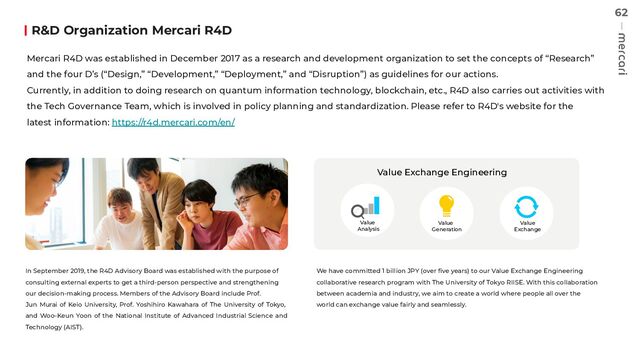 62
R&D Organization Mercari R4D
In September 2019, the R4D Advisory Board was established with the purpose of
consulting external experts to get a third-person perspective and strengthening
our decision-making process. Members of the Advisory Board include Prof.
Jun Murai of Keio University, Prof. Yoshihiro Kawahara of The University of Tokyo,
and Woo-Keun Yoon of the National Institute of Advanced Industrial Science and
Technology (AIST).
We have committed 1 billion JPY (over ﬁve years) to our Value Exchange Engineering
collaborative research program with The University of Tokyo RIISE. With this collaboration
between academia and industry, we aim to create a world where people all over the
world can exchange value fairly and seamlessly.
Mercari R4D was established in December 2017 as a research and development organization to set the concepts of “Research”
and the four D’s (“Design,” “Development,” “Deployment,” and “Disruption”) as guidelines for our actions.
Currently, in addition to doing research on quantum information technology, blockchain, etc., R4D also carries out activities with
the Tech Governance Team, which is involved in policy planning and standardization. Please refer to R4D's website for the
latest information: https://r4d.mercari.com/en/
Value Exchange Engineering
Value
Analysis
Value
Generation
Value
Exchange
