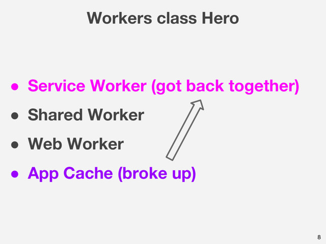 Workers class Hero
8
● Service Worker (got back together)
● Shared Worker
● Web Worker
● App Cache (broke up)
