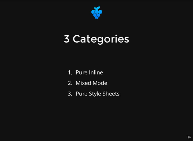 20
3 Categories
3 Categories
1. Pure Inline
2. Mixed Mode
3. Pure Style Sheets
