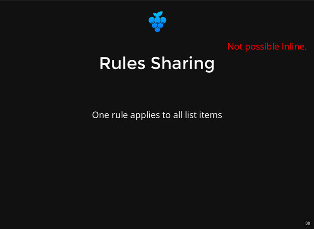 38
Rules Sharing
Rules Sharing
Not possible Inline.
One rule applies to all list items
