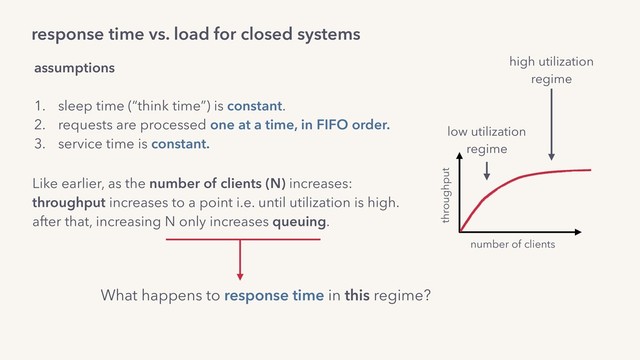 response time vs. load for closed systems
assumptions
1. sleep time (“think time”) is constant.
2. requests are processed one at a time, in FIFO order.
3. service time is constant.
What happens to response time in this regime?
Like earlier, as the number of clients (N) increases:
throughput increases to a point i.e. until utilization is high. 
after that, increasing N only increases queuing.
throughput
number of clients
low utilization
regime
high utilization
regime
