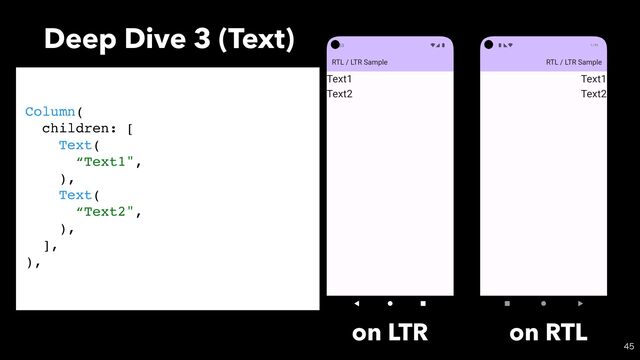 Deep Dive 3 (Text)

Column(
children: [
Text(
“Text1",
),
Text(
“Text2",
),
],
),
on LTR on RTL
