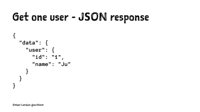 Get one user - JSON response
{
"data": {
"user": {
"id": "1",
"name": "Ju"
}
}
}
Ember London @arkham
