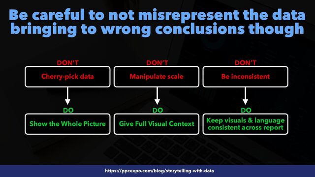 #SEOReporting by @aleyda from @orainti
Be careful to not misrepresent the data
bringing to wrong conclusions though
https://ppcexpo.com/blog/storytelling-with-data
Cherry-pick data Manipulate scale Be inconsistent
Show the Whole Picture Give Full Visual Context
Keep visuals & language
 
consistent across report
DON’T DON’T DON’T
DO DO DO
