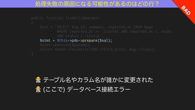 ॲཧࣦഊͷݪҼʹͳΔՄೳੑ͕͋Δͷ͸Ͳͷߦʁ
#
"
%
public function findAll($params)


{


$sql = 'SELECT bug_id, summary, reported_at FROM Bugs


WHERE reported_at >= :startAt AND reported_at < :endAt


AND status = :status';


$stmt = $this->pdo->prepare($sql);


$stmt->execute($params);


return $stmt->fetchAll(\PDO::FETCH_CLASS, Bug::class);


}
🙅ςʔϒϧ໊΍ΧϥϜ໊͕୭͔ʹมߋ͞Εͨ
🙅 ͜͜Ͱ
σʔλϕʔε઀ଓΤϥʔ

