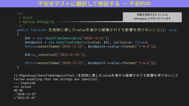 /**


* @test


* @group debugging


*/


public function 生成時に渡したvalueを後から破壊されても影響を受けないこと(): void


{


$dt = new \DateTimeImmutable('2020-12-25');


$endpoint = new DateTimeEndpoint(value: $dt, inclusive: false);


$this->assertSame('2020-12-25', $endpoint->value->format('Y-m-d'));


$dt->__construct('2022-01-01');


$this->assertSame('2020-12-25', $endpoint->value->format('Y-m-d'));


}
ෆ҆Λςετʹ຋༁ͯ͠ݕূ͢Δˠෆ҆తத
1) PhperKaigi\DateTimeEndpointTest::生成時に渡したvalueを後から破壊されても影響を受けないこと


Failed asserting that two strings are identical.


--- Expected


+++ Actual


@@ @@


-'2020-12-25'


+'2022-01-01'
໰୊Λ࠶ݱ͢Δςετʹ͸
EFCVHHJOHλάΛ͚͍ͭͯ·͢
