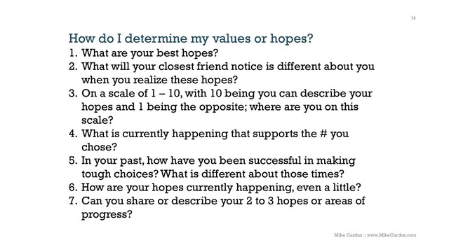 How do I determine my values or hopes?
1. What are your best hopes?
2. What will your closest friend notice is different about you
when you realize these hopes?
3. On a scale of 1 – 10, with 10 being you can describe your
hopes and 1 being the opposite; where are you on this
scale?
4. What is currently happening that supports the # you
chose?
5. In your past, how have you been successful in making
tough choices? What is different about those times?
6. How are your hopes currently happening, even a little?
7. Can you share or describe your 2 to 3 hopes or areas of
progress?
14
Mike Cardus :: www.MikeCardus.com
