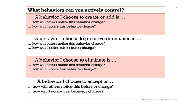 What behaviors can you actively control?
A behavior I choose to create or add is …
… how will others notice this behavior change?
… how will I notice this behavior change?
A behavior I choose to preserve or enhance is …
… how will others notice this behavior change?
… how will I notice this behavior change?
A behavior I choose to eliminate is …
… how will others notice this behavior change?
… how will I notice this behavior change?
A behavior I choose to accept is …
… how will others notice this behavior change?
… how will I notice this behavior change?
18
Mike Cardus :: www.MikeCardus.com
