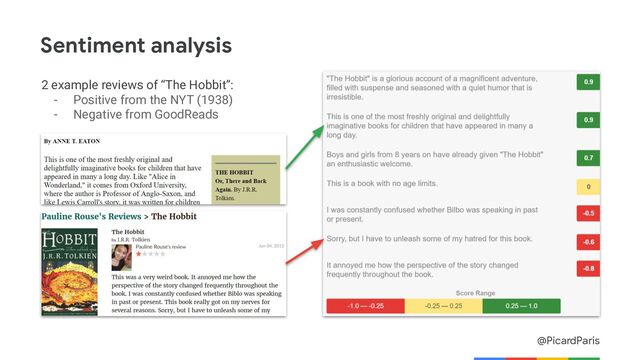 @PicardParis
Sentiment analysis
2 example reviews of “The Hobbit”:
- Positive from the NYT (1938)
- Negative from GoodReads
