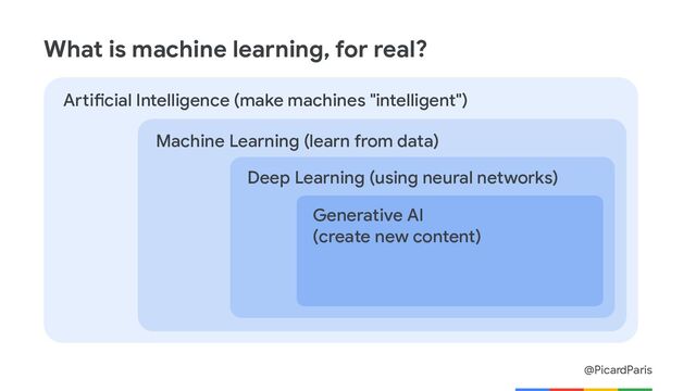 @PicardParis
What is machine learning, for real?
Artificial Intelligence (make machines "intelligent")
Machine Learning (learn from data)
Deep Learning (using neural networks)
Generative AI
(create new content)
