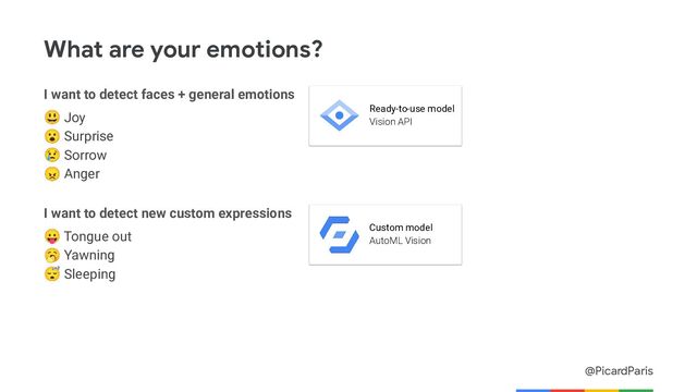 @PicardParis
What are your emotions?
Ready-to-use model
Vision API
😃 Joy
😮 Surprise
😢 Sorrow
😠 Anger
I want to detect faces + general emotions
Custom model
AutoML Vision
😛 Tongue out
🥱 Yawning
😴 Sleeping
I want to detect new custom expressions
