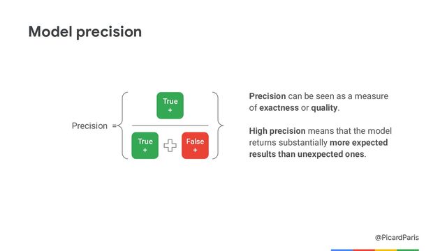 @PicardParis
Model precision
Precision =
True
+
True
+
False
+
Precision can be seen as a measure
of exactness or quality.
High precision means that the model
returns substantially more expected
results than unexpected ones.
