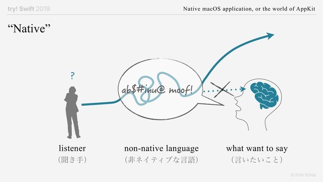 try! Swift 2019 Native macOS application, or the world of AppKit
© 2019 1024jp
“Native”
ab$#inu@ moof!
non-native language
ʢඇωΠςΟϒͳݴޠʣ
?
what want to say
ʢݴ͍͍ͨ͜ͱʣ
listener
ʢฉ͖खʣ
