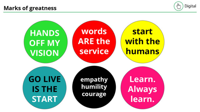 Marks of greatness
empathy
humility
courage
Learn.
Always
learn.
GO LIVE
IS THE
START
start
with the
humans
HANDS
OFF MY
VISION
words
ARE the
service
