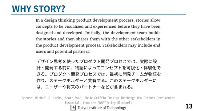 WHY STORY?
13
デザイン思考を使ったプロダクト開発プロセスでは、実際に設
計・開発する前に、物語によってコンセプトを可視化・体験化で
きる。プロダクト開発プロセスでは、最初に開発チームが物語を
作り、ステークホルダーと共有する。このステークホルダーに
は、ユーザーや将来のパートナーなどが含まれる。
Soruce: Michael G. Luchs, Scott Swan, Abbie Griffin "Design Thinking: New Product Development
Essentials from the PDMA” Wiley-Blackwell
